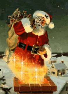 Middelgrote animatie van een schoorsteen - De Kerstman gaat met zijn zak met kerstcadeaus in een schoorsteen