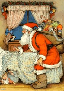 Middelgrote kerstanimatie van een kerstman - De Kerstman zit op het bed en licht de deken op terwijl er twee kinderen onder het bed liggen