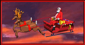 Kleine animatie van een rendier - De Kerstman vliegt met zijn arrenslee en twee rendieren door de lucht