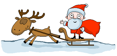 Middelgrote animatie van een rendier - De Kerstman staat op zijn slee die getrokken wordt door twee rendieren