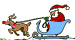 Mini animatie van een rendier - De Kerstman zit in een blauwe slee die door de rendieren getrokken wordt