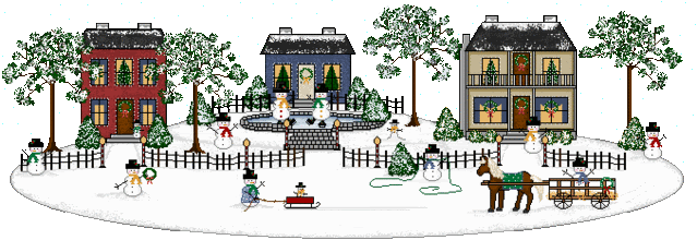 Grote kerstanimatie van een kersthuis - Drie huizen in de sneeuw met veel sneeuwpoppen
