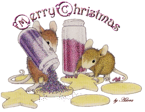 Grote kerst animatie van een kerstwens - Merry Christmas met twee muizen die de boel versieren