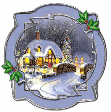 Grote kerstanimatie van een kersthuis - Huisje in de sneeuw met een brug ervoor