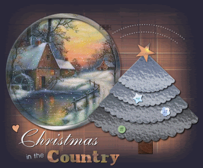 Grote kerstanimatie - Christmas in the country met een watermolen in de sneeuw en een kerstboom