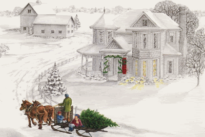 Grote kerstanimatie van een kersthuis - Huizen in de sneeuw en een slee met daarop drie mensen met een kerstboom getrokken door twee paarden