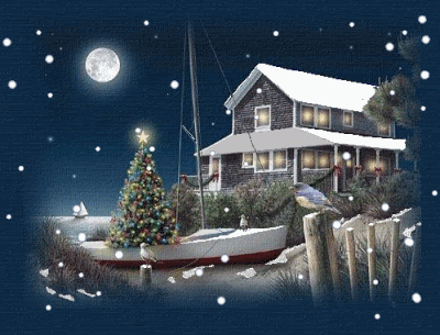 Grote kerstanimatie van een kersthuis - Kerstboom op een boot voor een huis tijdens een sneeuwbui