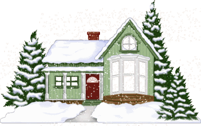 Grote kerstanimatie van een kersthuis - Huis in de sneeuw tussen besneeuwde sparren