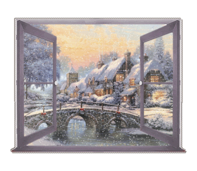 Grote kerstanimatie van een kersthuis - Venster dat uitkijkt op een water met een brug en een rij huizen in de sneeuw