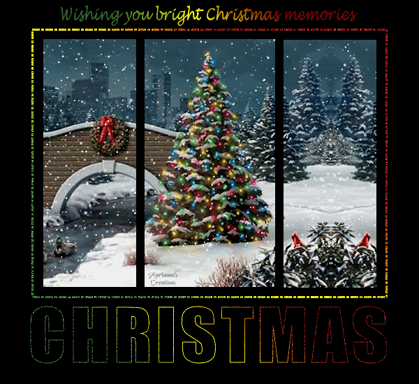 Grote kerstanimatie van een kerstboom - Wishing you bright Christmas memories met een kerstboom en sparren in de sneeuew