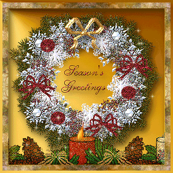 Grote kerstanimatie van een kerstkrans - Season's Greetings met een witte kerstkrans en een brandende rode kaars