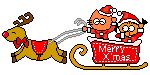 Mini animatie van een rendier - Merry Xmas met twee Kerstmannen in een rode arrenslee met Rudolf het rendier met de rode neus