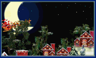 Middelgrote animatie van een rendier - De Kerstman vliegt met zijn arrenslee en rendieren door de lucht en strooit met sterren