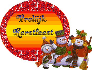 Middelgrote animatie van een kerstwens - Vrolijk Kerstfeest met drie sneeuwmannen en rode glitter
