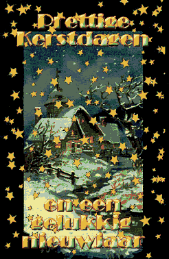 Middelgrote animatie van een kerstwens - Prettige Kerstdagen en een gelukkig nieuwjaar met een huis en een kerk in de sneeuw en neerdwarrelende gele sterren