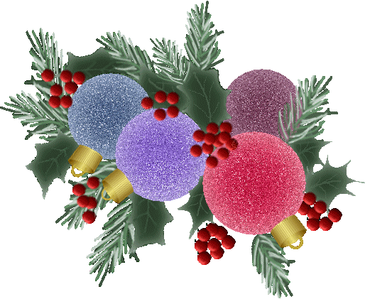 Grote kerstanimatie van een kerstbal - Sparrentakjes en hulstbladeren met rode besjes en vier gekleurde kerstballen in glitter