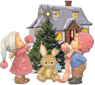 Middelgrote kerst animatie van een kersthuis - Huisje met een kerstboom met sterretjes en twee kinderen met een konijn