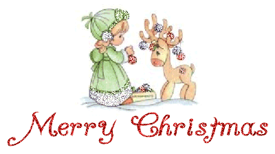 Middelgrote animatie van een kerstwens - Merry Christmas met een meisje en een rendier met kerstballen aan zijn gewei