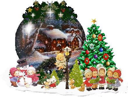 Grote kerstanimatie van een kerstkind - Globe met een huis in de sneeuw, kinderen die een sneeuwpop maken en een kinderkoor dat voor een kerstboom staat te zingen
