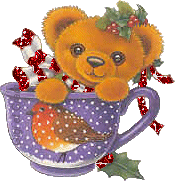 Kleine animatie van een kerstdier - Kopje met een roodborstje en daarin een beertje met hulstbladeren en rode bessen