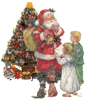 Middelgrote kerstanimatie van een kerstboom - De Kerstman staat bij de kerstboom met twee kinderen te praten die hem een brief geven