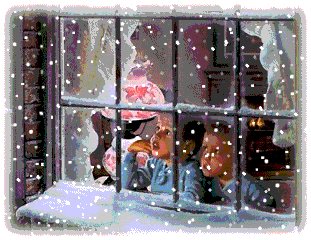 Middelgrote animatie van sneeuw - Kinderen zitten voor het raam naar buiten te kijken terwijl het sneeuwt