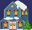 Mini kerstanimatie van een kersthuis - Blauw huisje met sneeuw en kerstdecoratie