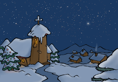 Grote animatie van een kerk - Kerkje in de sneeuw met een kerstboom met gekleurde kerstverlichting en huisjes eromheen en een schijnende ster aan de hemel