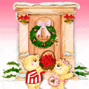 kleine kerstanimatie van een kerstkrans - Twee beren en een kerstkrans aan de deur