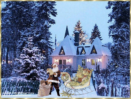 Grote kerstanimatie van een kersthuis - De Kerstman staat voor zijn arrenslee en leest een brief met achter hem een brug voor een groot huis in de sneeuw