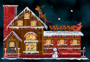 Middelgrote kerst animatie van een kersthuis - Huis met de slee van de Kerstman en zijn rendieren op het dak en de Kerstman in de schoorsteen