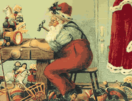 Middelgrote kerstanimatie van een kerstman - Santa Claus timmert in zijn werkplaats speelgoed in elkaar