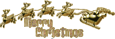 Middelgrote animatie van een kerstwens - Merry Christmas met een goudkleurige kerstman op zijn slee met rendieren