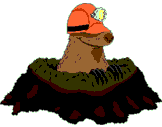 Kleine animatie van een kerstdier - Een mol steekt zijn kop boven de molshoop uit en heeft een kerstmuts op zijn kop