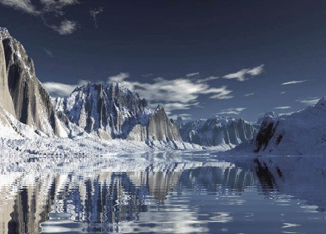 Grote animatie van stromend water - Meer met golfjes tussen besneeuwde bergen