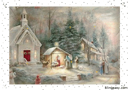 Grote animatie van een kerk - Kerststal naast een wit kerkje