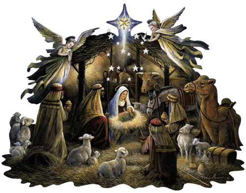 Grote animatie van een kerststal - Twee engelen boven de kerststal laten sterretjes naar beneden dwarrelen waar Maria en Jozef bij het kindje Jezus zitten samen met de herders en de dieren