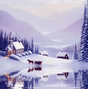 Middelgrote animatie van een kerk - Paardenkoets die door een sneeuwlandschap rijdt met een kerkje en huisje met op de voorgrond water met golfjes