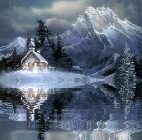 Grote animatie van een kerk - Kapel in de besneeuwde bergen aan water met golfjes