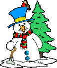 Mini animatie van een sneeuwpop - Sneeuwpop met blauwe hoed naast een spar