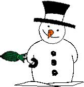 Kleine animatie van een sneeuwpop - Sneeuwman met zwarte hoed en een wortel als neus met een groene paraplu
