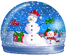 Kleine animatie van een sneeuwglobe - Sneeuwglobe met twee sneeuwpoppen en een rood kerstcadeau met een groene strik