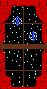 Kleine animatie van sneeuw - Rode gordijnen voor het venster met sneeuwkristallen ervoor en golfjes op de voorgrond
