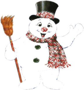 Middelgrote animatie van een sneeuwpop - Sneeuwman met een rode sjaal en een zwarte hoed met een bezem in de hand