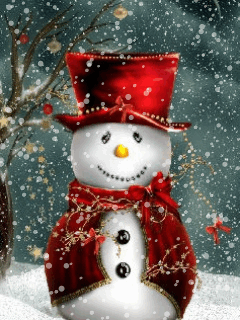Middelgrote animatie van een sneeuwpop - Sneeuwpop met rode hoed en rode jas staat in de sneeuw
