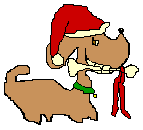 Mini animatie van een kerstdier - Hond met een bot in de bek en een kerstmuts op zijn kop en een rode neus
