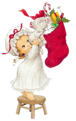 Kleine kerstanimatie van een kerstengel - Meisje dat een beer uit een grote kerstsok vol kerstcadeaus haalt