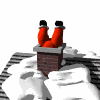 Mini animatie van een schoorsteen - De Kerstman zit boven op het dak op de kop vast in de schoorsteen