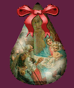 Kleine kerstanimatie van een kerstbal - Maria met Jezus en de drie wijzen die geschenken komen brengen