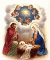 Mini animatie van een kerststal - Jozef en Maria bij het kindje Jezus dat in de kribbe ligt met boven hen de engelen